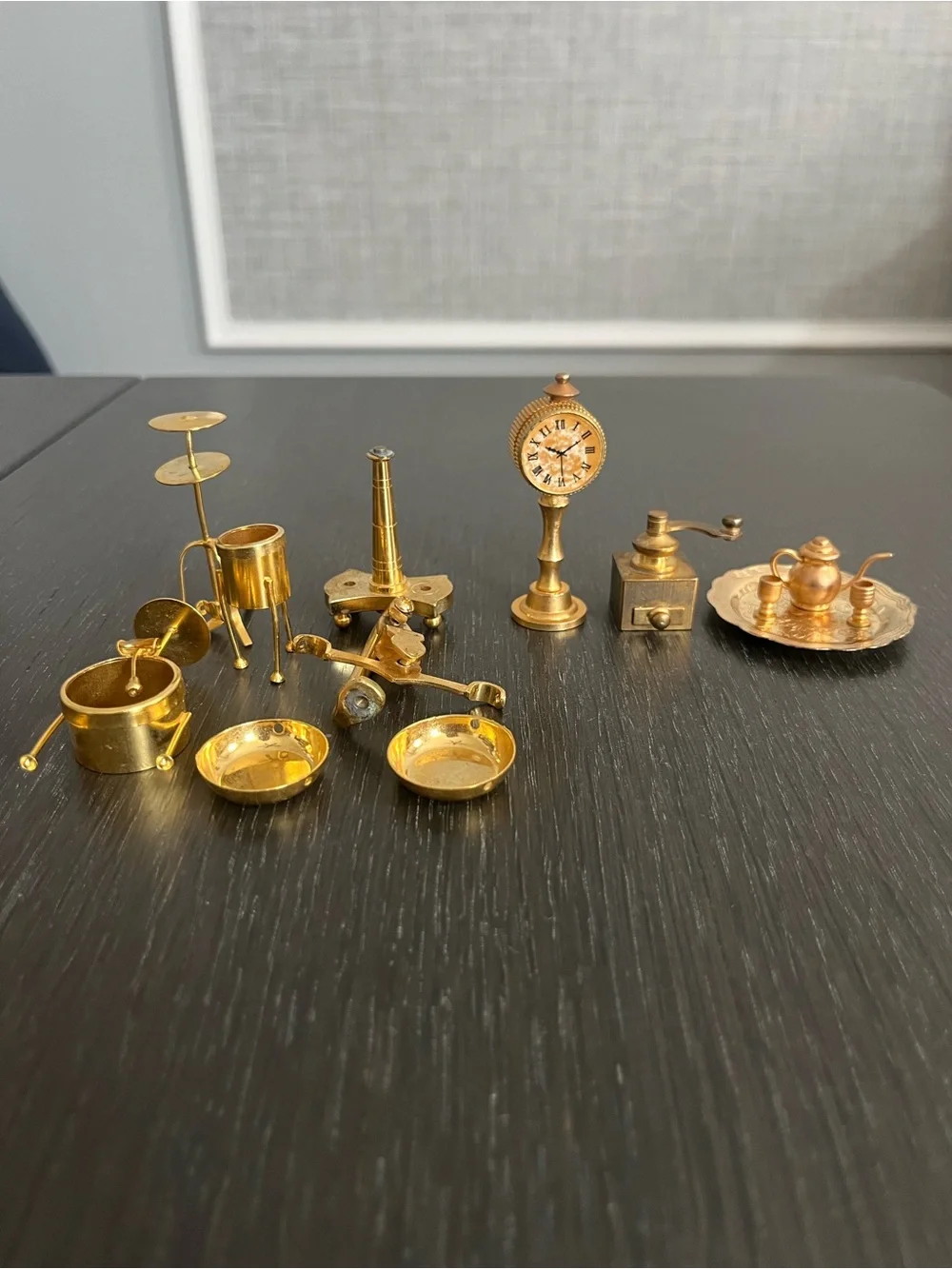 Miniature Brass Dollhouse Accessories Clock, Tea Set, Grinder, Scale, Drum Set